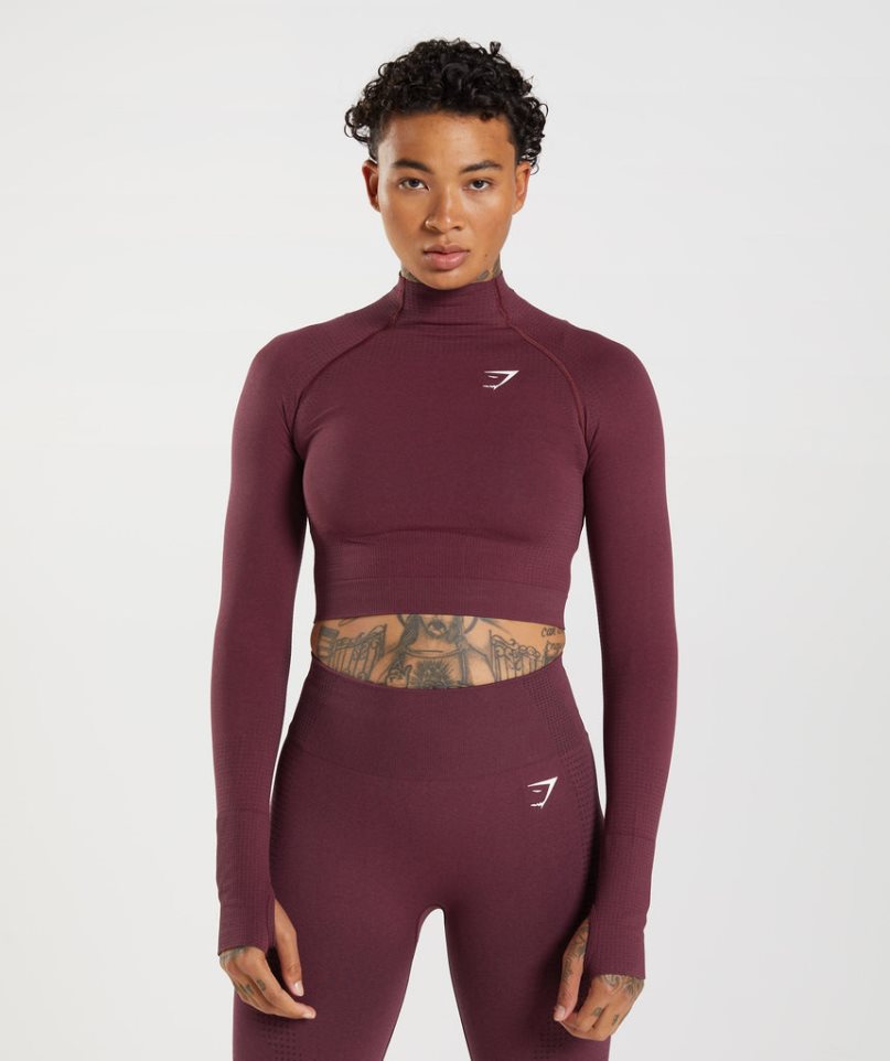 Women\'s Gymshark Vital Seamless 2.0 High Neck Midi Cropped Tops Burgundy | CA 756DA0